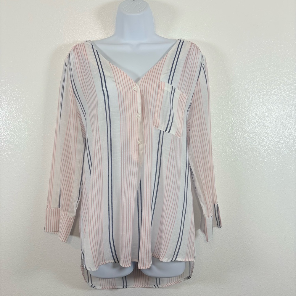 Como Blu Striped V Neck Button Front Blouse Pink Blue White Large Coastal Beachy